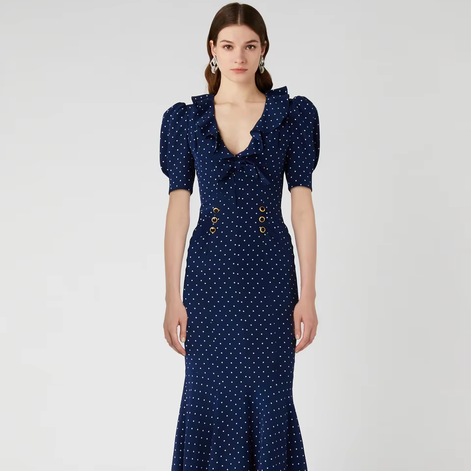 Custom Dresses For Ladies V-neck Short Sleeve Slim Casual Dresses 2024 Autumn New Blue Long Custom Women Dresses
