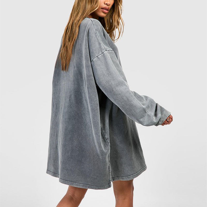 Acid wash oversized sweat dress women loose blank long sleeve t shirt dress