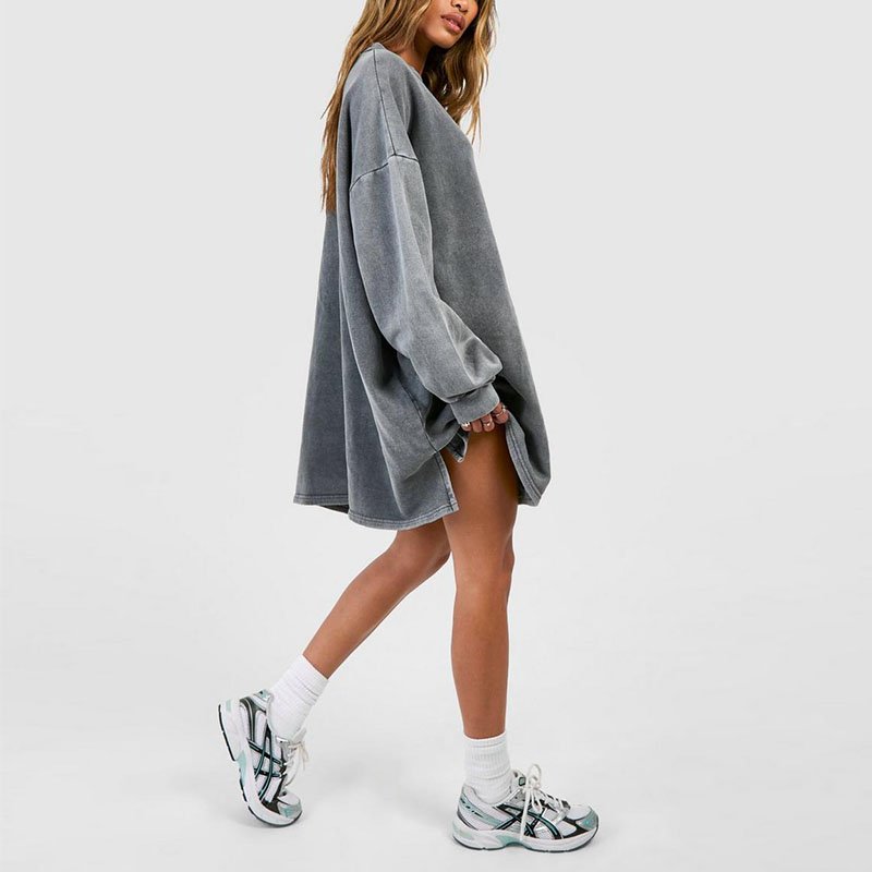 Acid wash oversized sweat dress women loose blank long sleeve t shirt dress