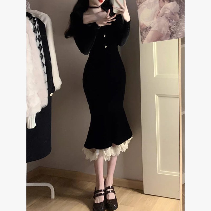 Casual Dress Ladies Elegant Fashion Dress Long Sleeve High Waist Black Dress