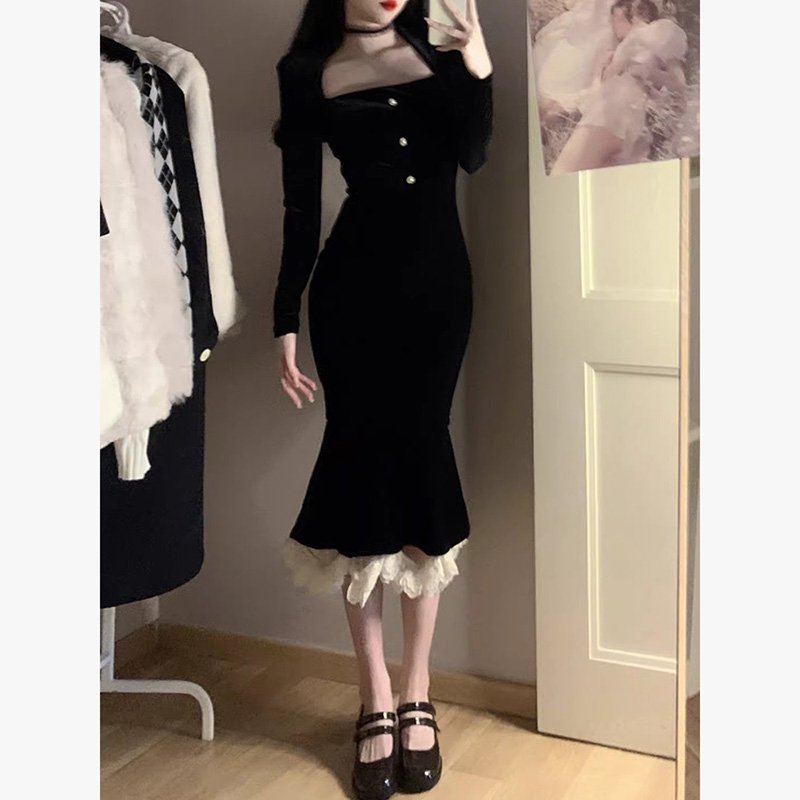 Casual Dress Ladies Elegant Fashion Dress Long Sleeve High Waist Black Dress