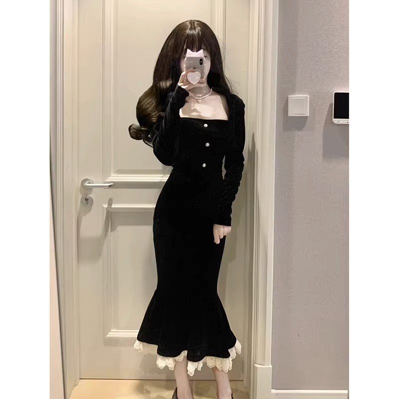 Casual Dress Ladies Elegant Fashion Dress Long Sleeve High Waist Black Dress