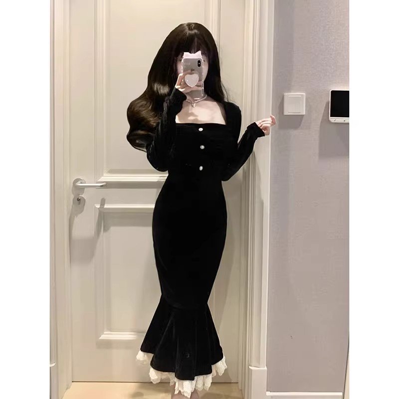 Casual Dress Ladies Elegant Fashion Dress Long Sleeve High Waist Black Dress