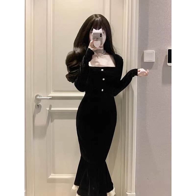 Casual Dress Ladies Elegant Fashion Dress Long Sleeve High Waist Black Dress