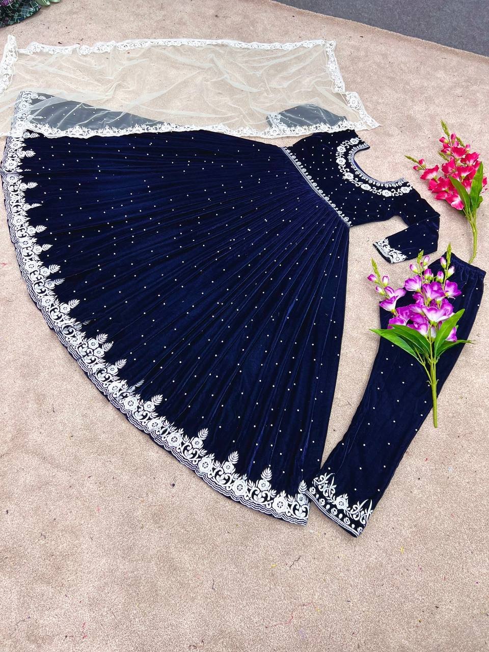 Royal Blue Anarakali Georgette Sari with Stone Work Long Length Silk and Rayon Material for Wedding Parties Low Price Rated