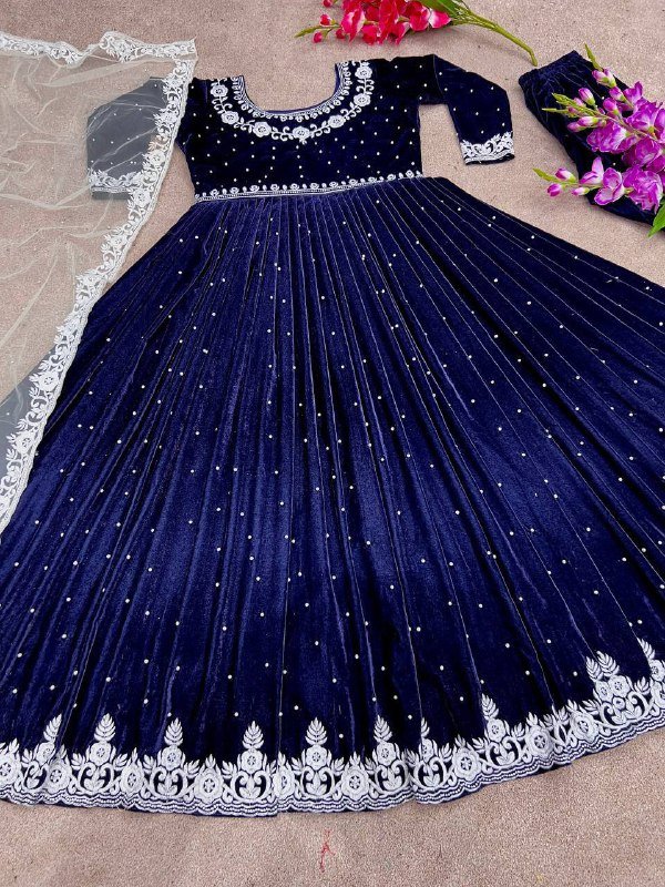 Royal Blue Anarakali Georgette Sari with Stone Work Long Length Silk and Rayon Material for Wedding Parties Low Price Rated