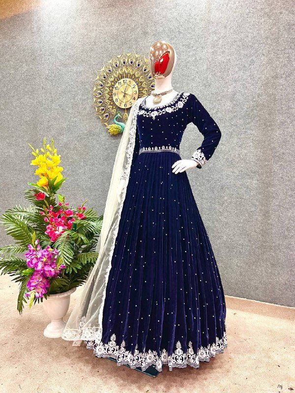 Royal Blue Anarakali Georgette Sari with Stone Work Long Length Silk and Rayon Material for Wedding Parties Low Price Rated