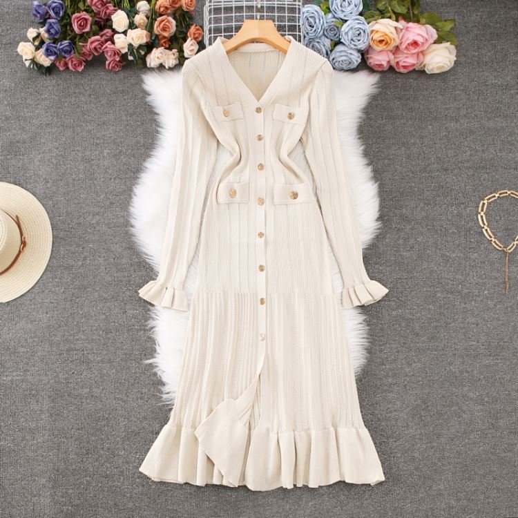 Autumn Winter Women's Vintage Elegant Retro Dress High Waist Ruffled Maxi Knitted Slim Long Casual ODM Design