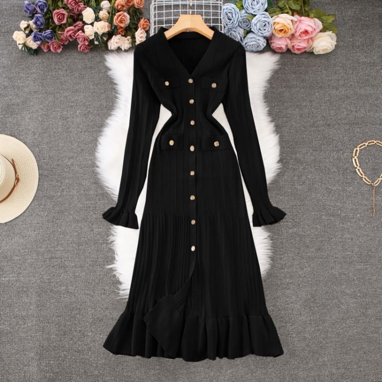 Autumn Winter Women's Vintage Elegant Retro Dress High Waist Ruffled Maxi Knitted Slim Long Casual ODM Design