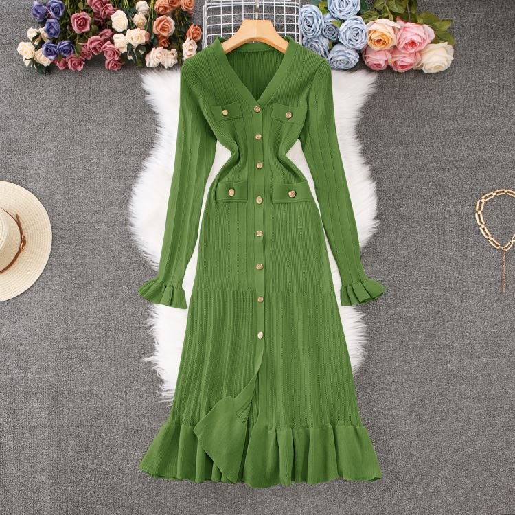 Autumn Winter Women's Vintage Elegant Retro Dress High Waist Ruffled Maxi Knitted Slim Long Casual ODM Design