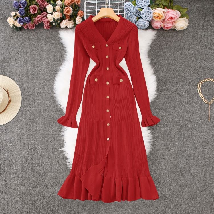 Autumn Winter Women's Vintage Elegant Retro Dress High Waist Ruffled Maxi Knitted Slim Long Casual ODM Design