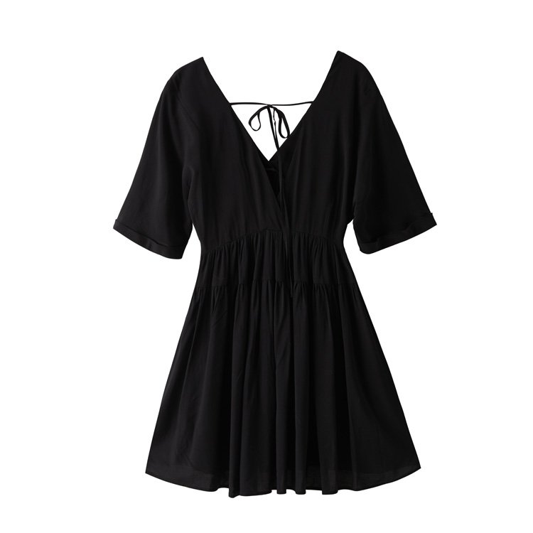 2024 Plain Lady V Neck Short Sleeve Flowy Swing Backless Tunic Knitted Mini Babydoll Dress Women Feminine Casual Summer Dresses