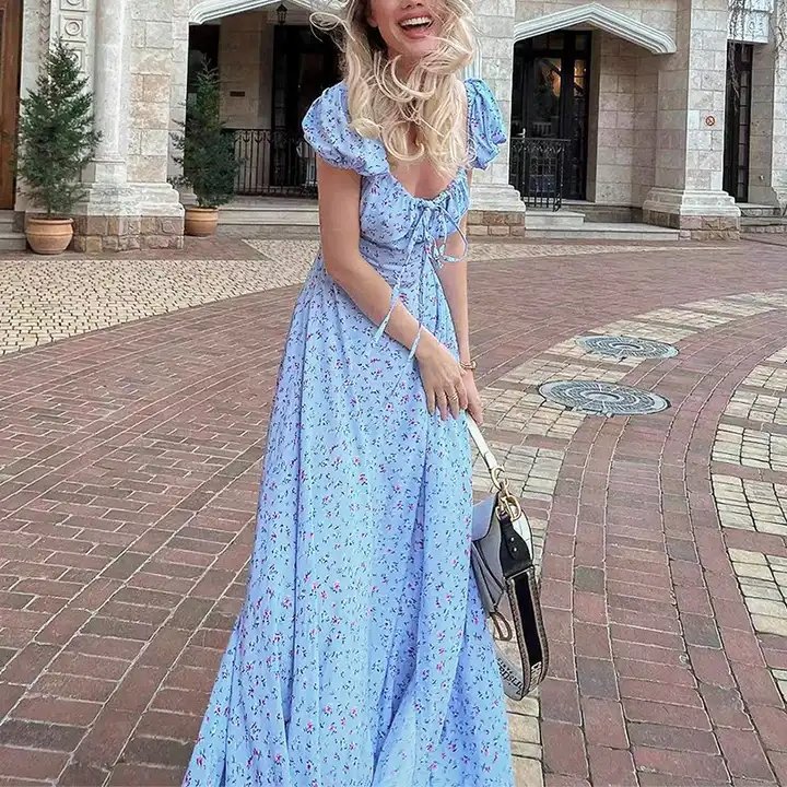 OEM Custom American European Puff Sleeve Square Collar Chiffon Asymmetric Slit Ruffle Floral Sexy Summer Maxi Casual Dress Women