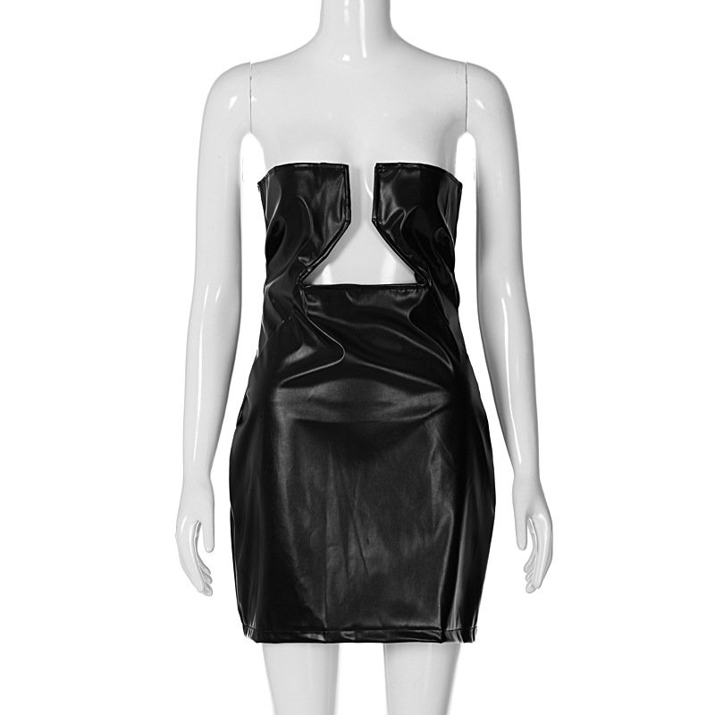 J3603 sexy hollow out solid color backless strapless leather ladies dresses
