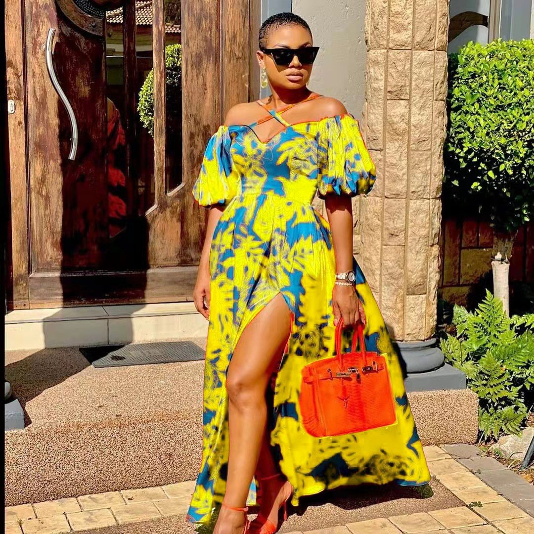 PASUXI Wholesale High Quality V Neck Ruffled Shirred Floral Maxi Long Dresses Women Lady Elegant Casual Summer Dresses