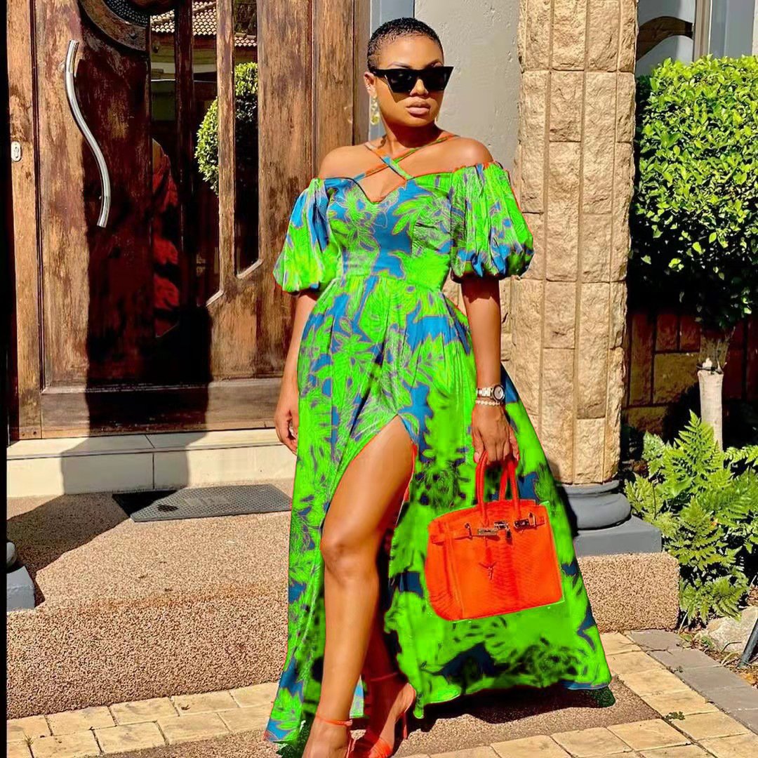 PASUXI Wholesale High Quality V Neck Ruffled Shirred Floral Maxi Long Dresses Women Lady Elegant Casual Summer Dresses