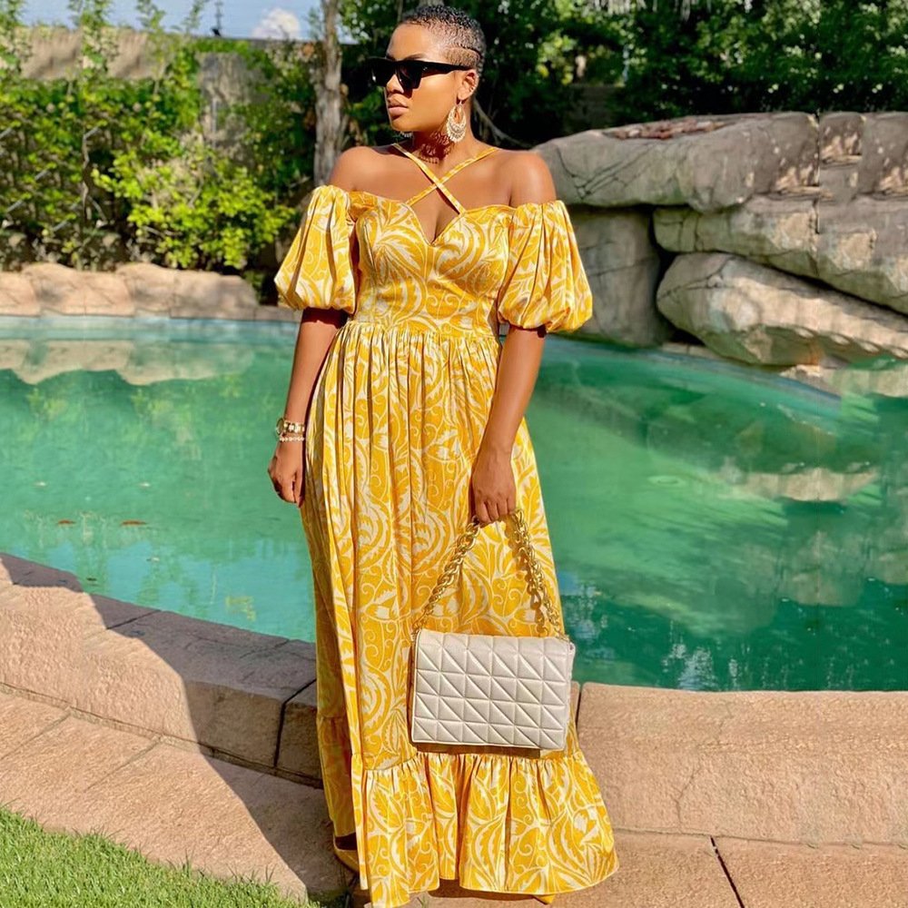 PASUXI Wholesale High Quality V Neck Ruffled Shirred Floral Maxi Long Dresses Women Lady Elegant Casual Summer Dresses