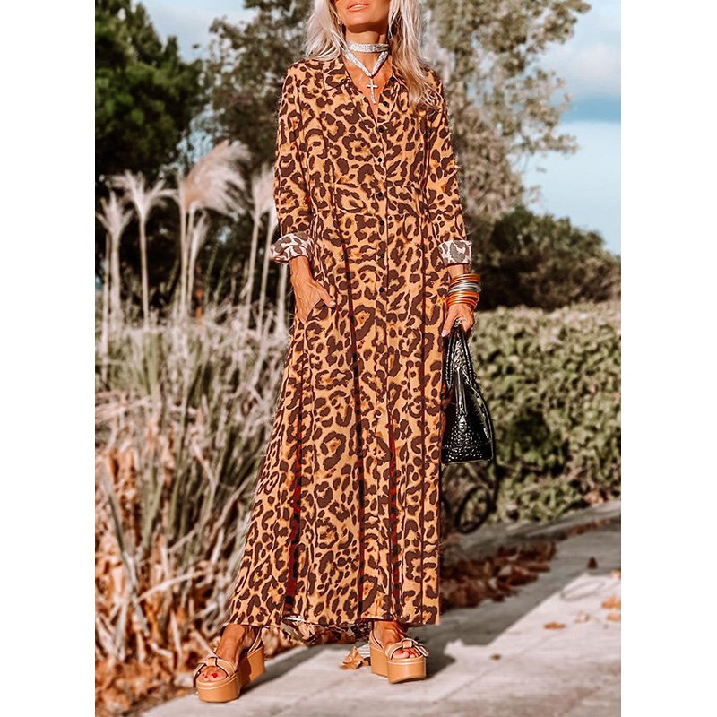 Dear-Lover Fast Shipping Wholesale Casual Dress Leopard Long Sleeve Maxi Dress