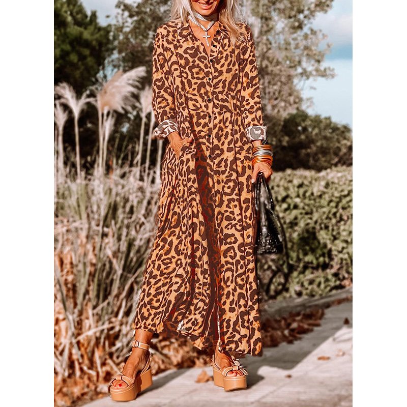 Dear-Lover Fast Shipping Wholesale Casual Dress Leopard Long Sleeve Maxi Dress