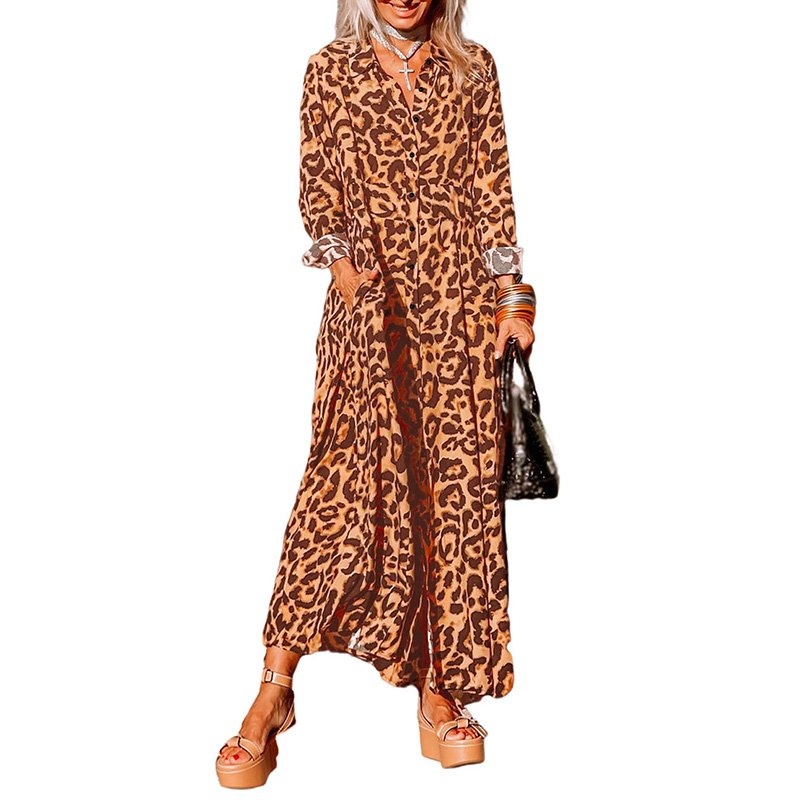 Dear-Lover Fast Shipping Wholesale Casual Dress Leopard Long Sleeve Maxi Dress