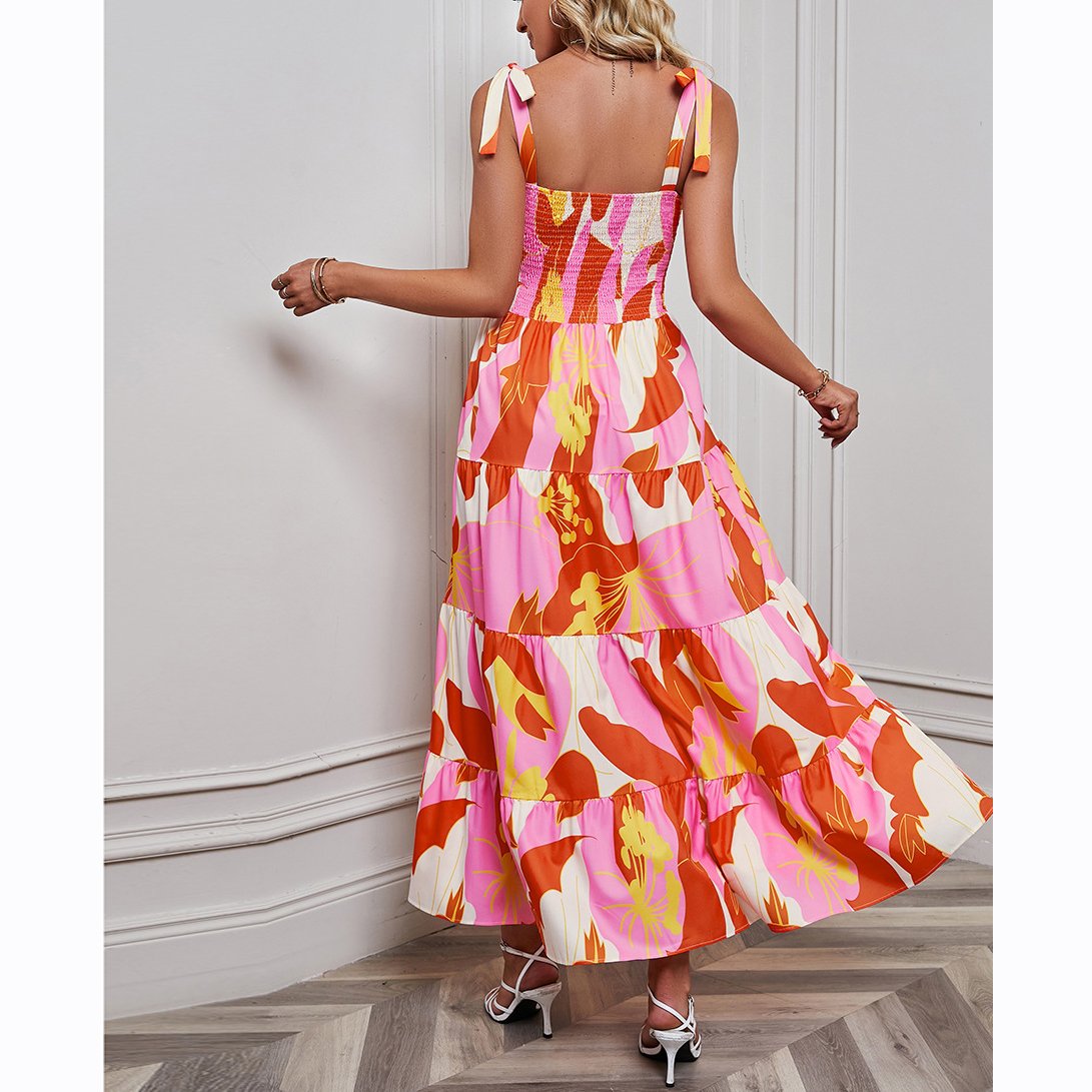 YUNNES 2023 Fast Shipping Pleated Ladies Cami Casual Dress Maxi Floral Print Women's Boho Dresses