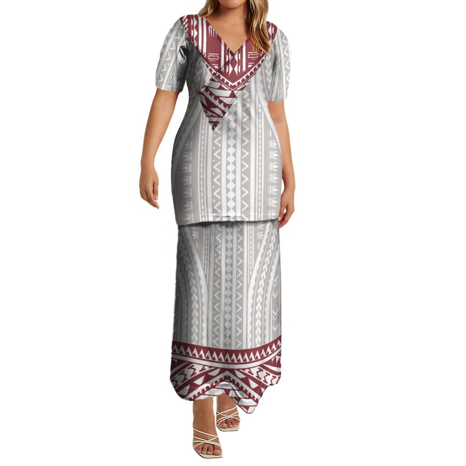 High Quality Custom Polynesian Tribal Design V Neck Samoan Puletasi Set Dress Puletaha Top And Shirts Two Piece Outfits Sets