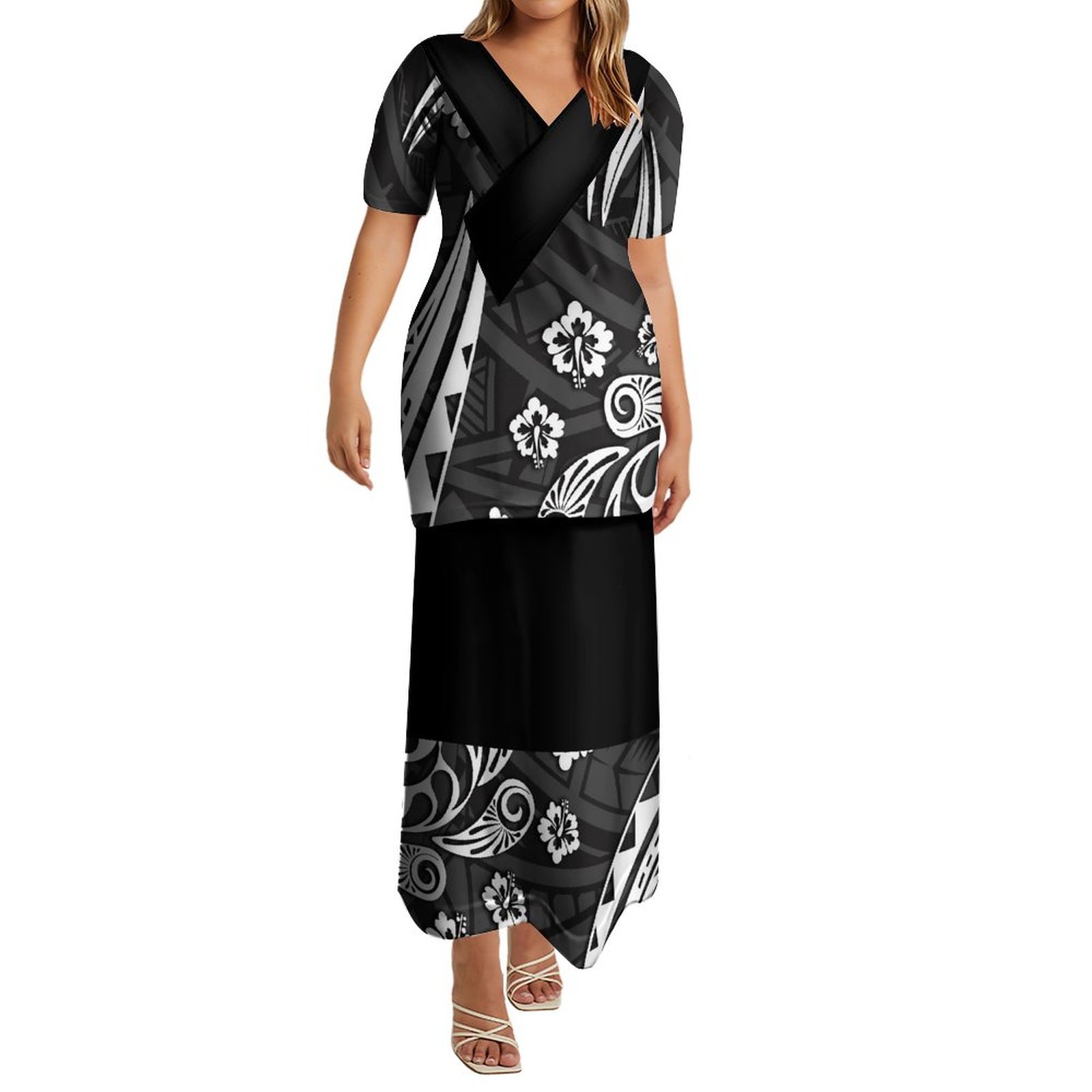 High Quality Custom Polynesian Tribal Design V Neck Samoan Puletasi Set Dress Puletaha Top And Shirts Two Piece Outfits Sets