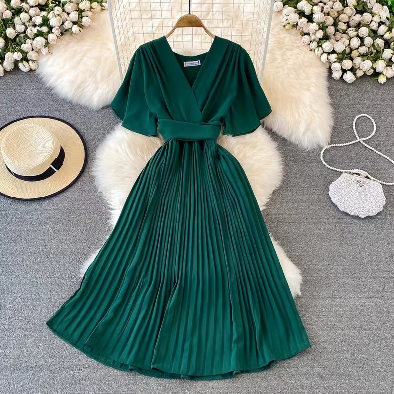 2022 summer new Fashion Korean Style V-neck short-sleeved dress over the knee waist tie big swing Solid pleated Casual dress