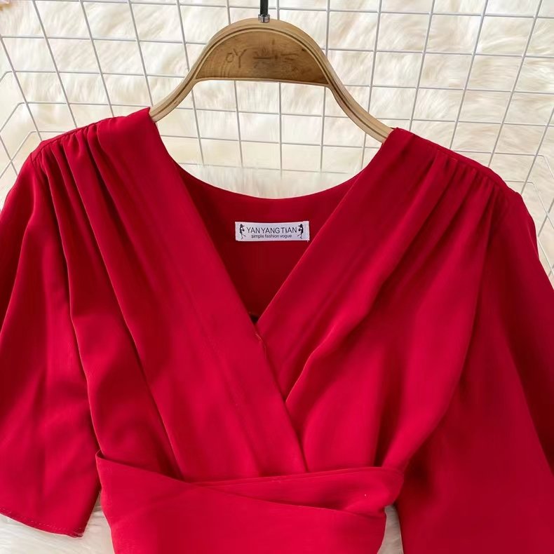 2022 summer new Fashion Korean Style V-neck short-sleeved dress over the knee waist tie big swing Solid pleated Casual dress