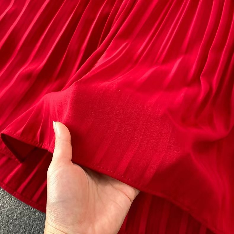 2022 summer new Fashion Korean Style V-neck short-sleeved dress over the knee waist tie big swing Solid pleated Casual dress