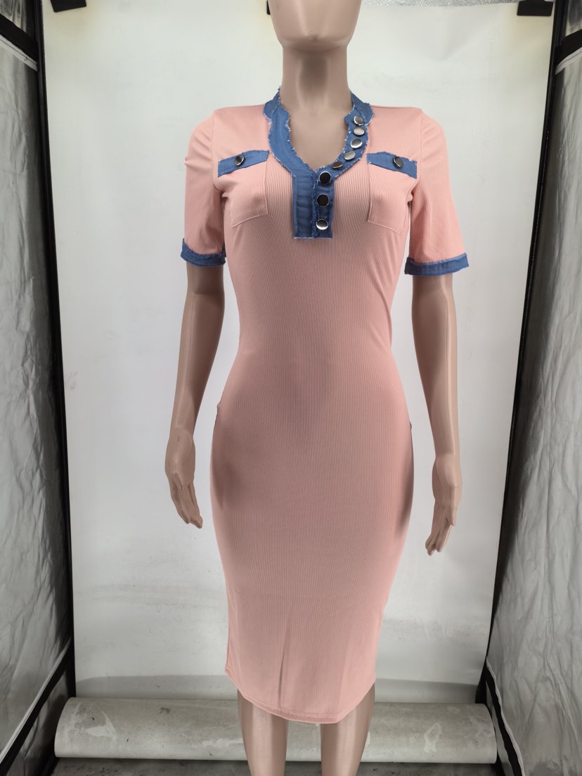 Casual summer denim patchwork short sleeve v neck slim long dress bodycon dress