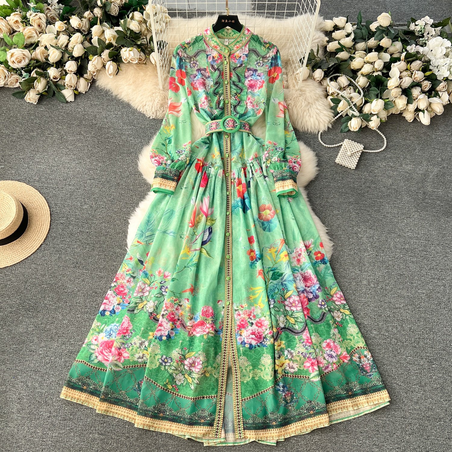 Spring and Autumn Women's Standing Collar Slim Long Chiffon Printed Vacation Casual Dresses