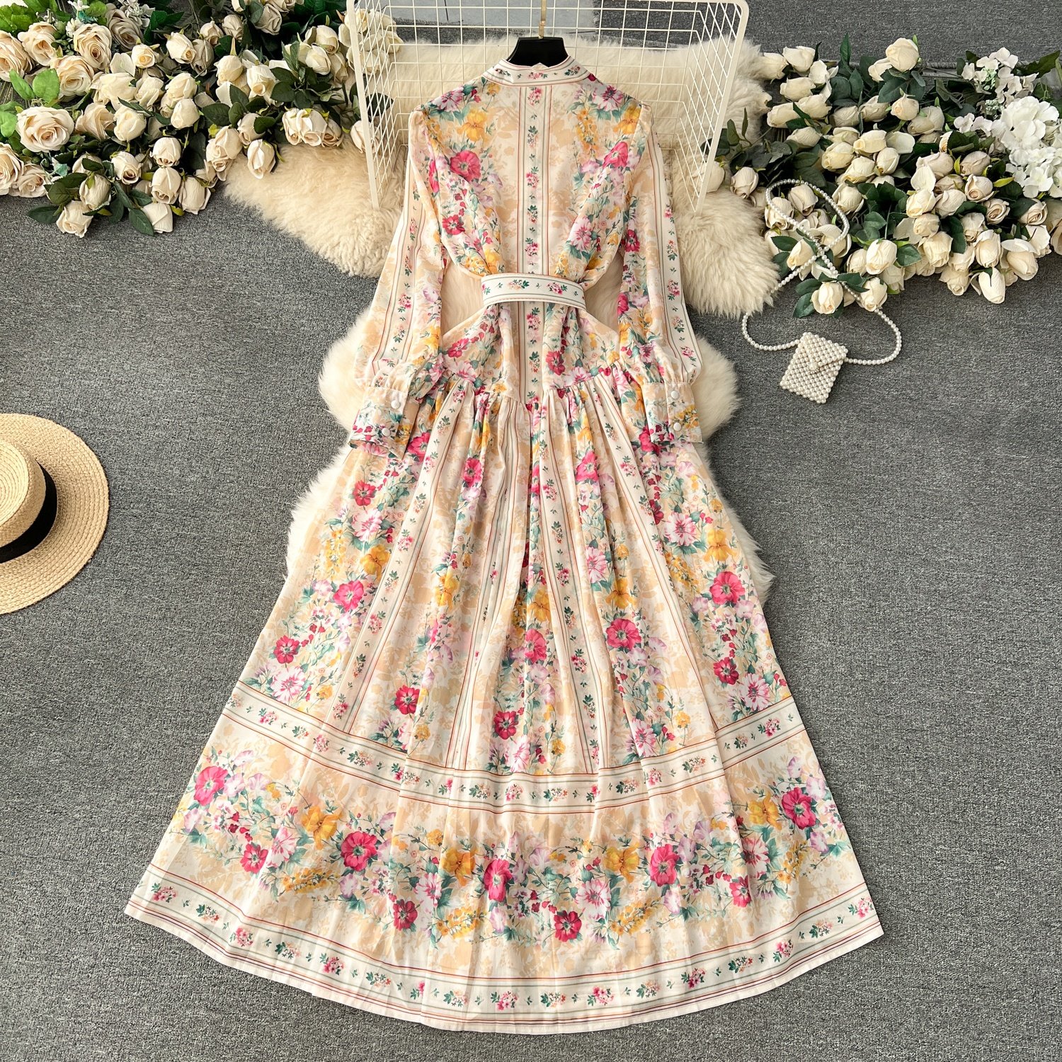 Spring and Autumn Women's Standing Collar Slim Long Chiffon Printed Vacation Casual Dresses