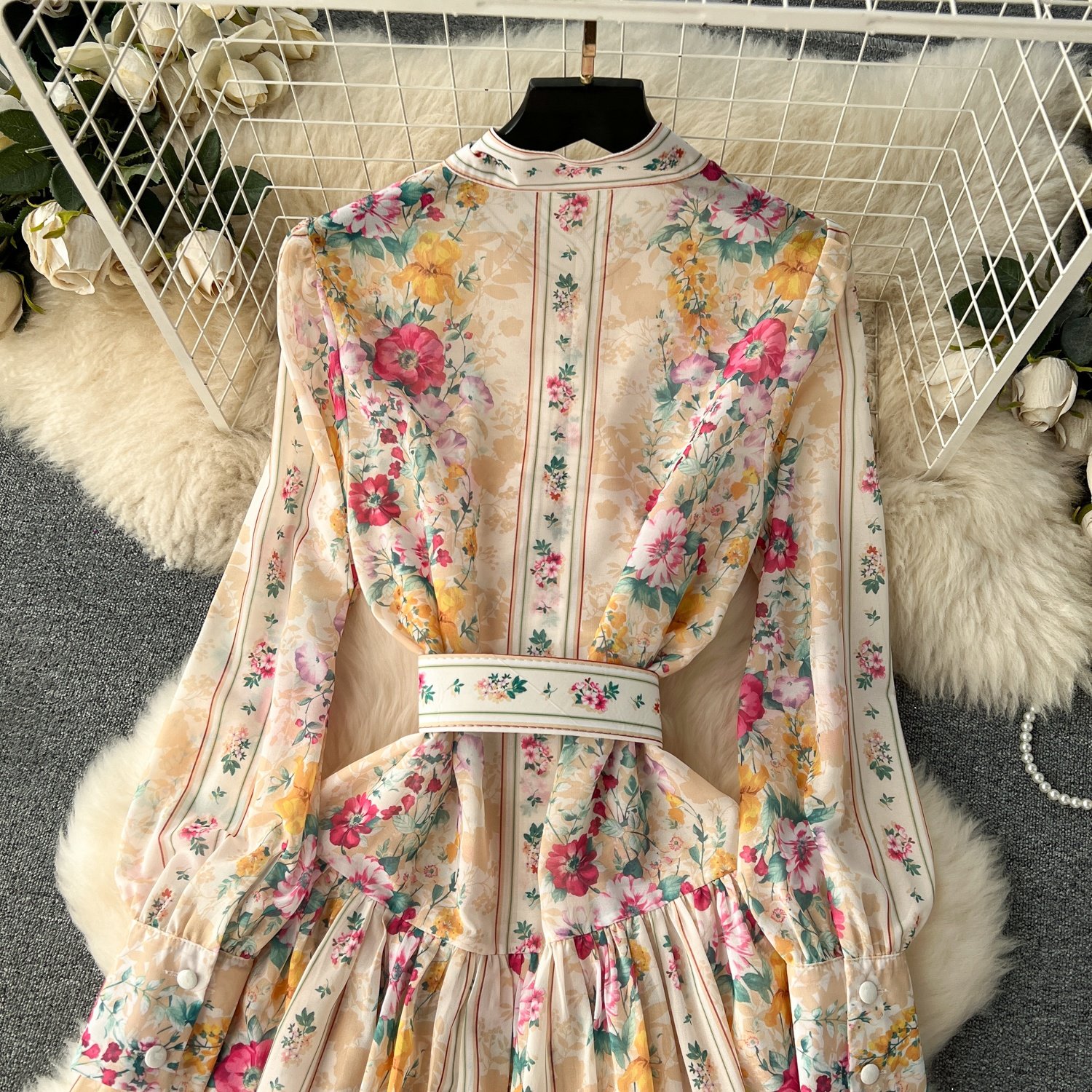 Spring and Autumn Women's Standing Collar Slim Long Chiffon Printed Vacation Casual Dresses