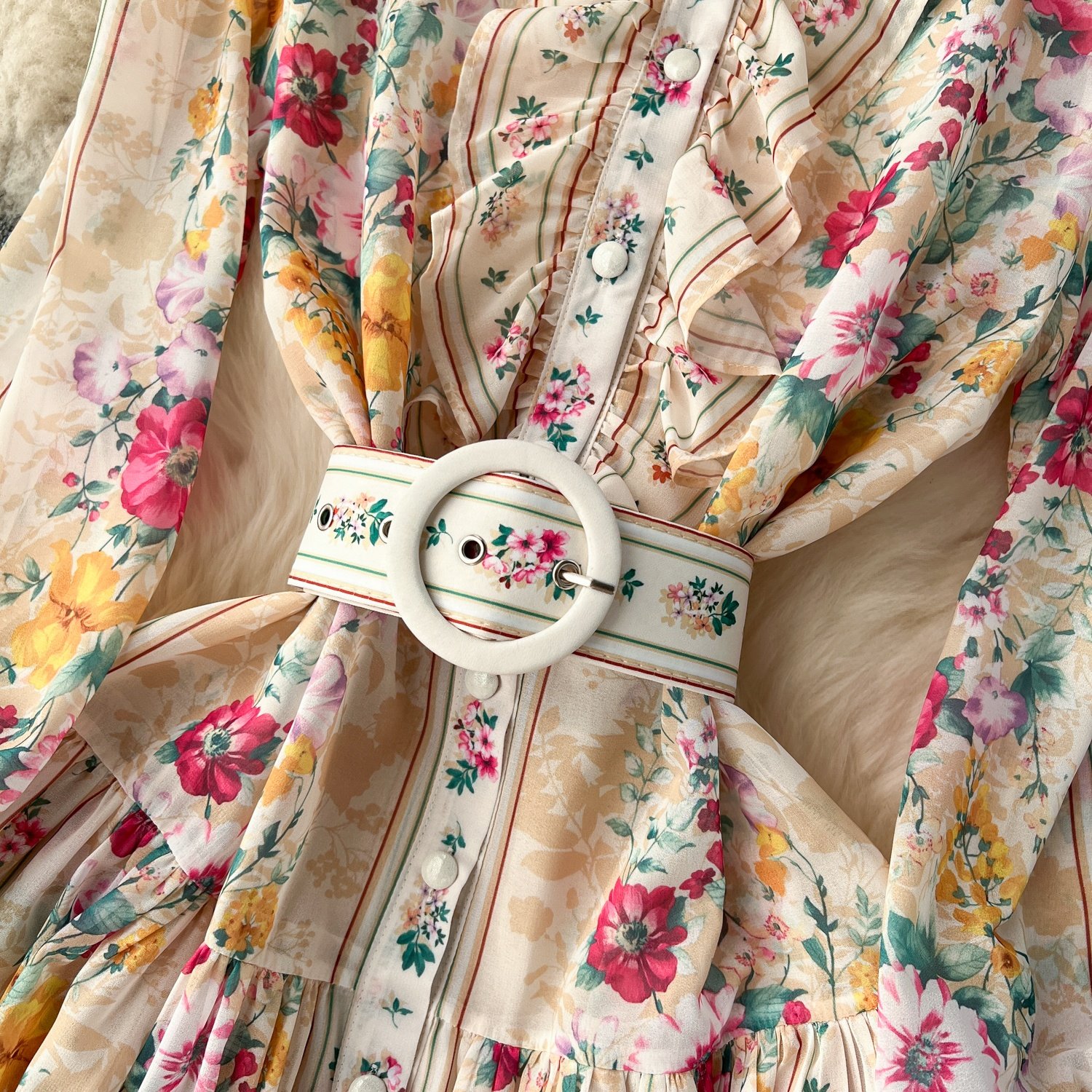 Spring and Autumn Women's Standing Collar Slim Long Chiffon Printed Vacation Casual Dresses