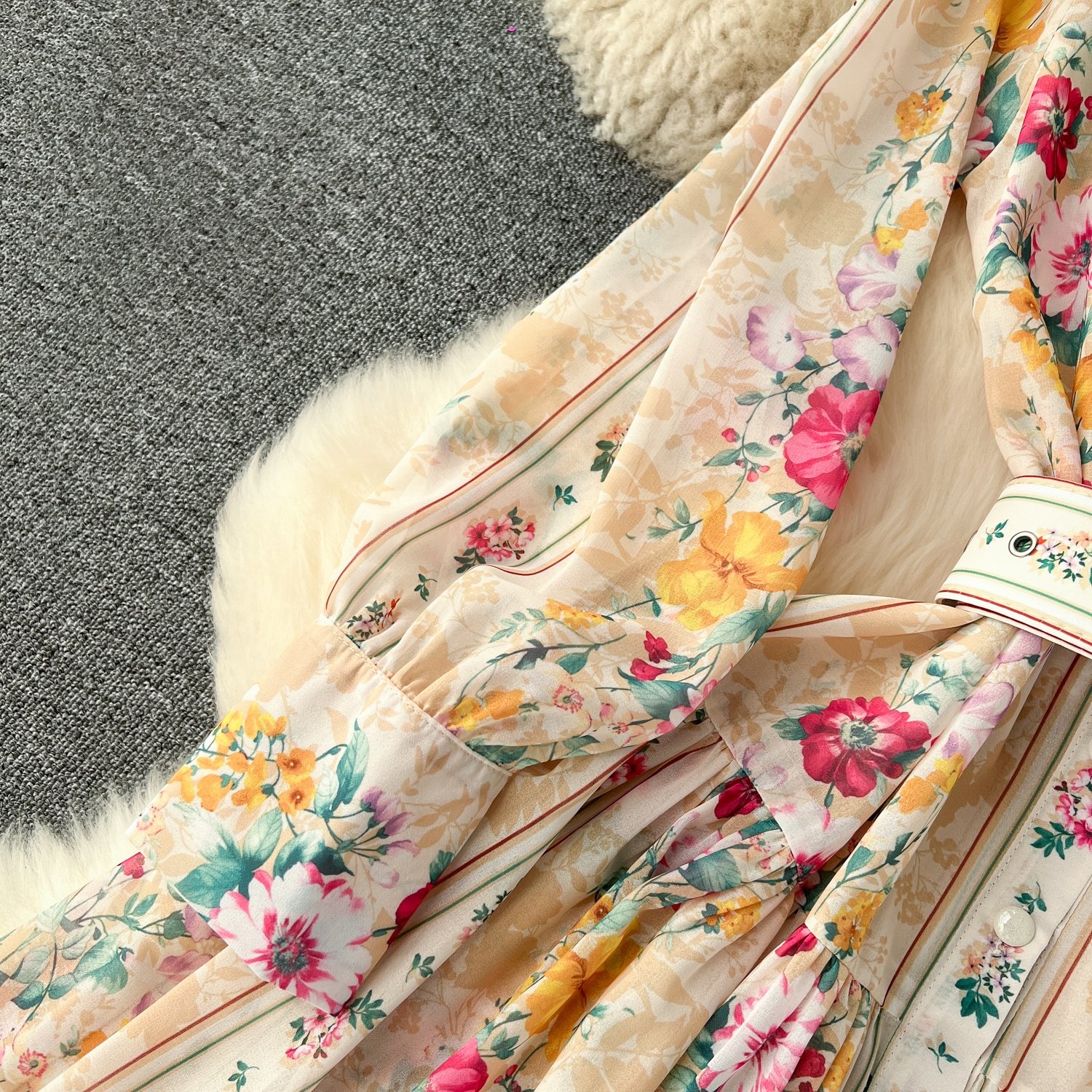 Spring and Autumn Women's Standing Collar Slim Long Chiffon Printed Vacation Casual Dresses