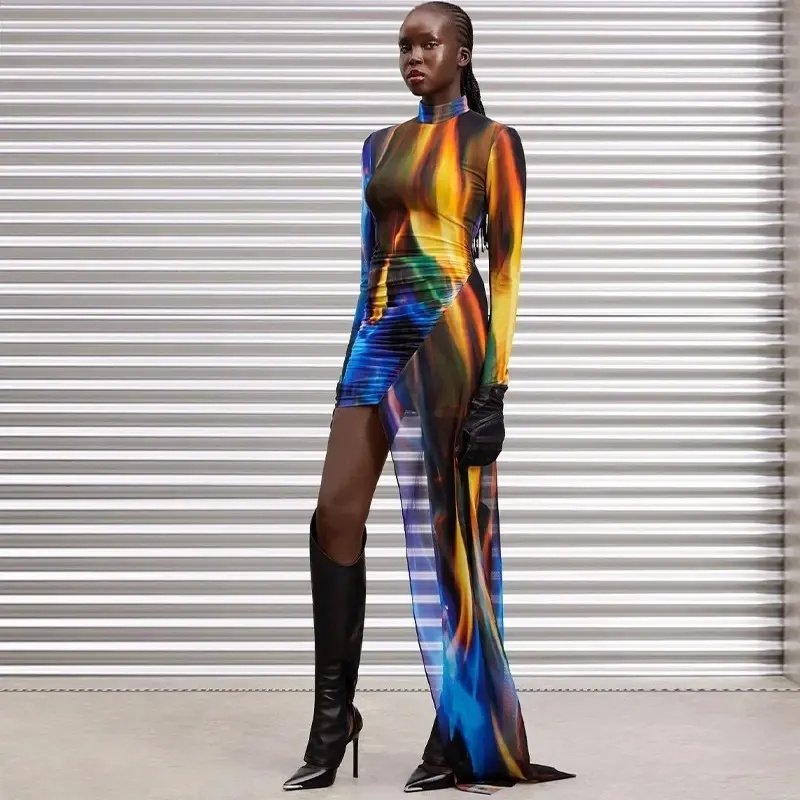 Fashion Elegant Ladies Evening Casual Dress Flare Tie Dye Print Irregular Long Sleeve Mini Bodycon Women Dress