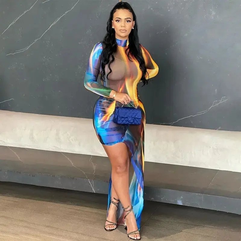 Fashion Elegant Ladies Evening Casual Dress Flare Tie Dye Print Irregular Long Sleeve Mini Bodycon Women Dress