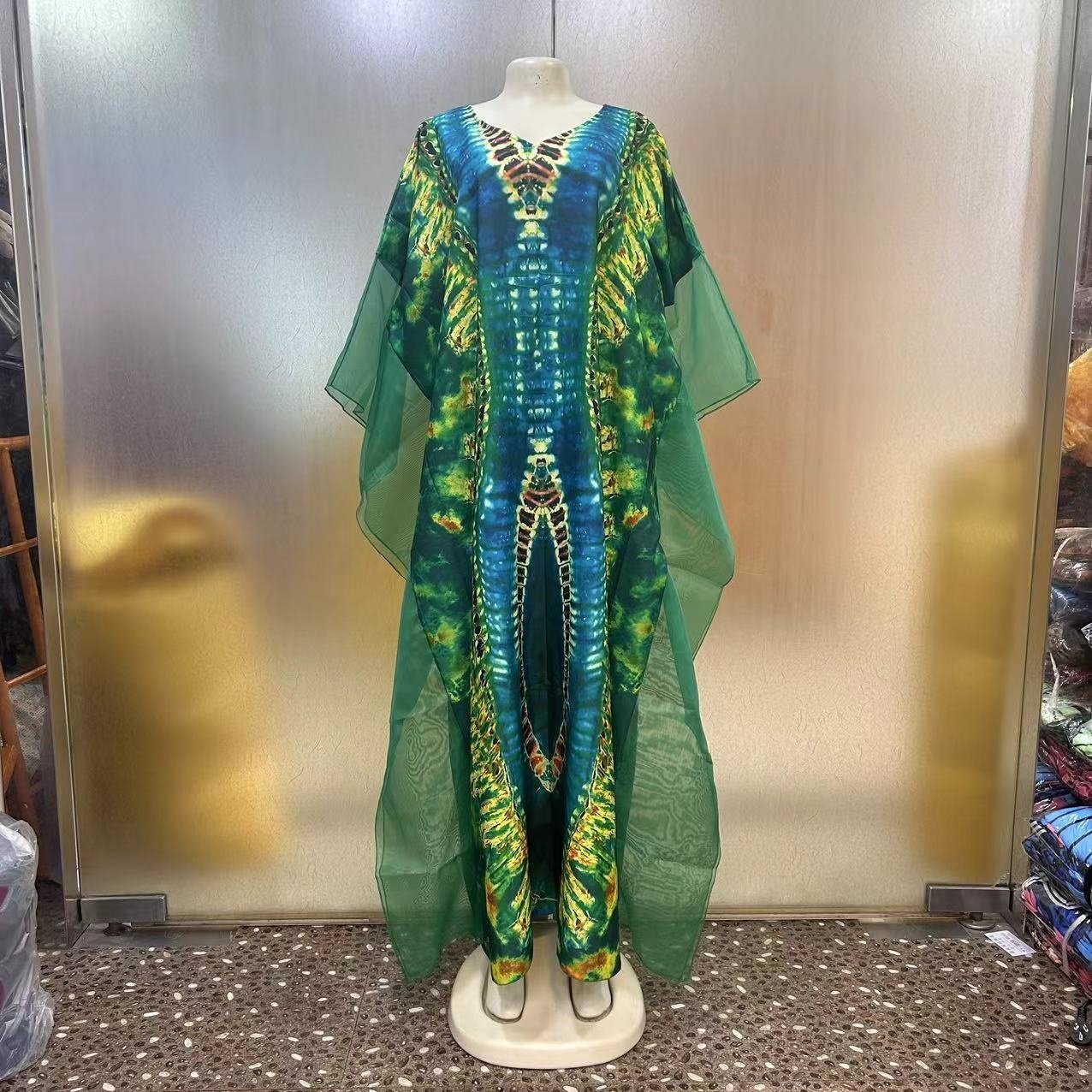 New Fashion European American Loose Casual Vintage Robe Mesh African New Printed Women Dress 2024