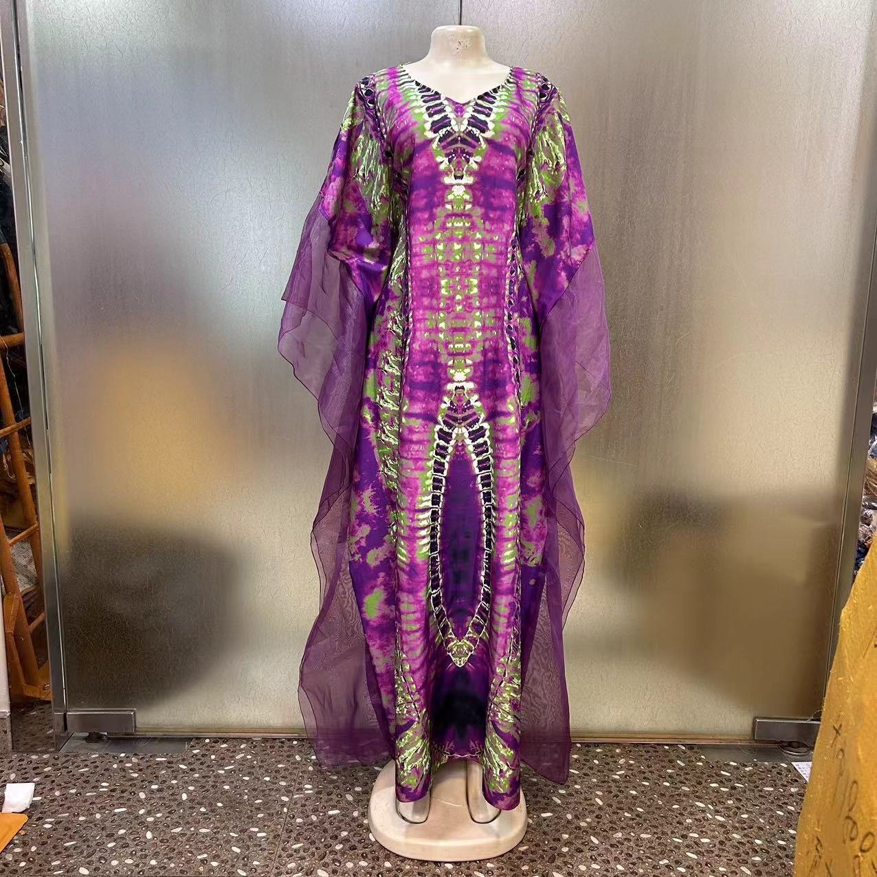 New Fashion European American Loose Casual Vintage Robe Mesh African New Printed Women Dress 2024