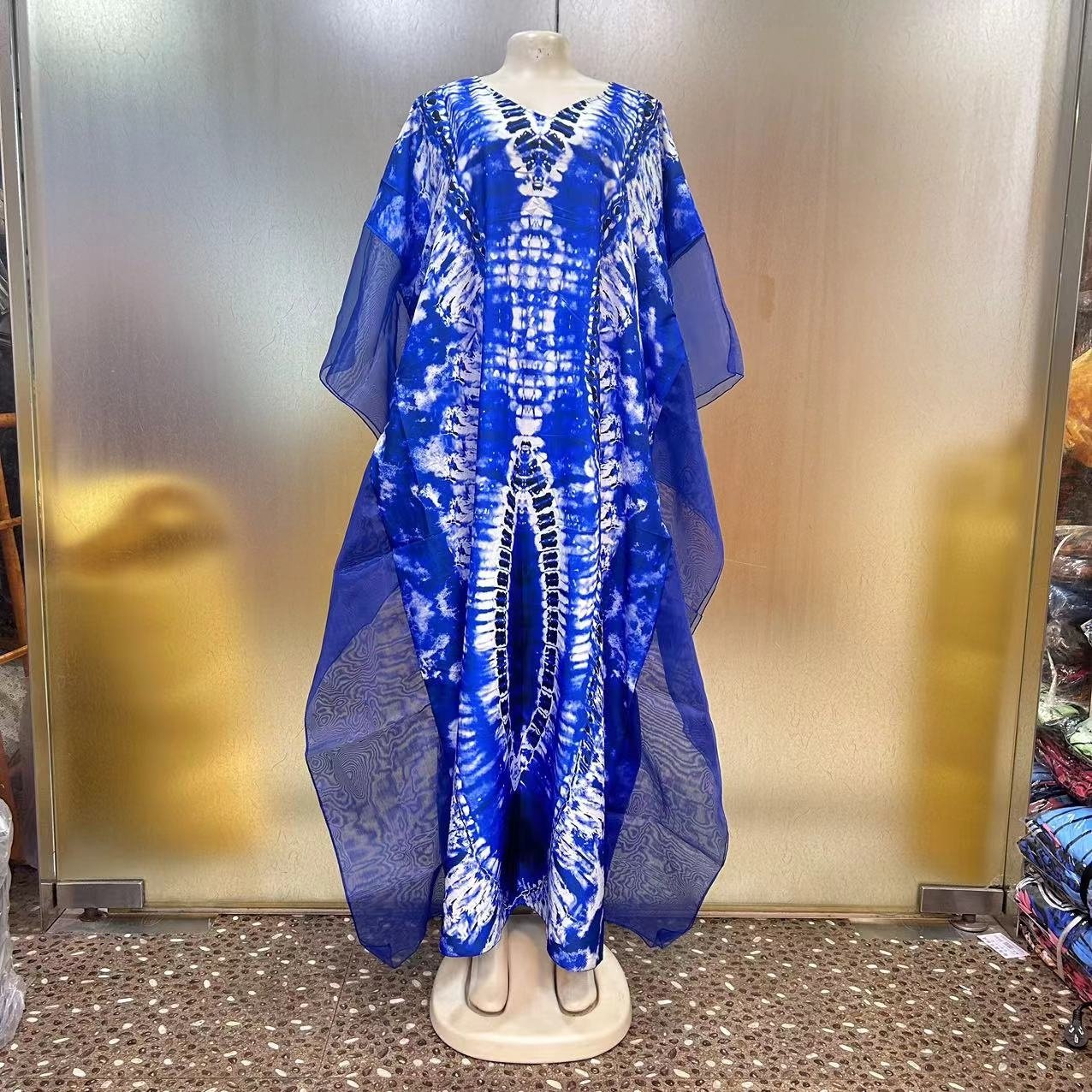 New Fashion European American Loose Casual Vintage Robe Mesh African New Printed Women Dress 2024