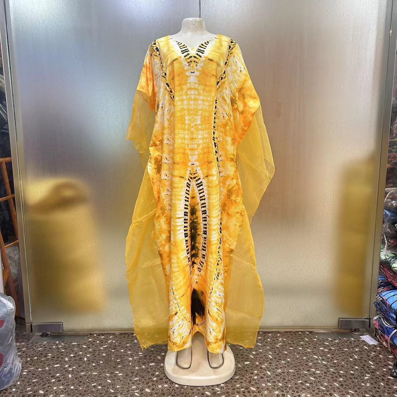 New Fashion European American Loose Casual Vintage Robe Mesh African New Printed Women Dress 2024