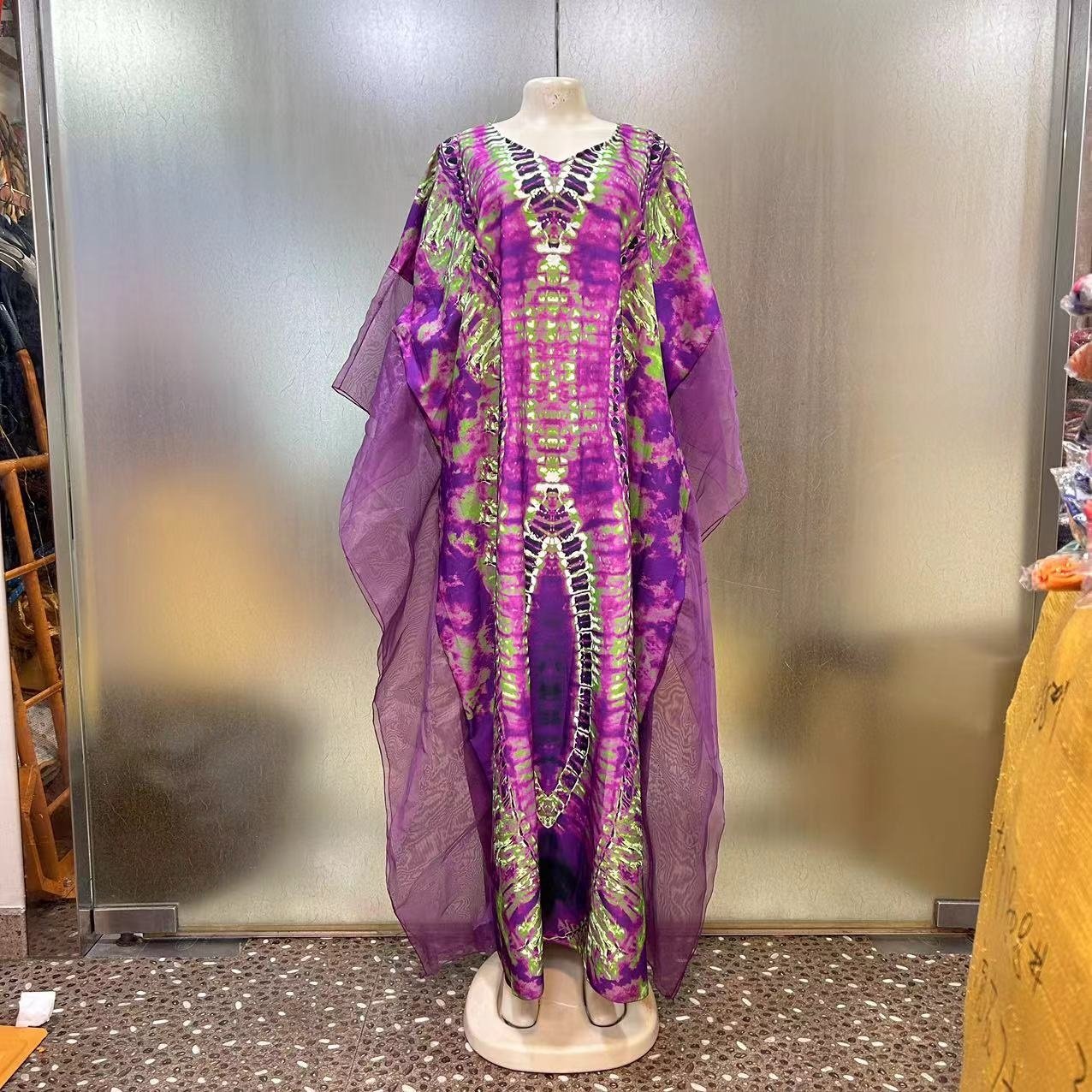 New Fashion European American Loose Casual Vintage Robe Mesh African New Printed Women Dress 2024