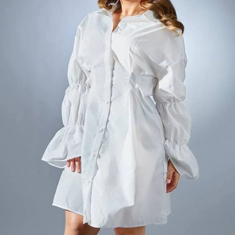 Long Sleeve Fashion Solid White Cotton Causal Dresses Women Plus Flounce Sleeve Loose Button Down Midi Shirt White Dresses