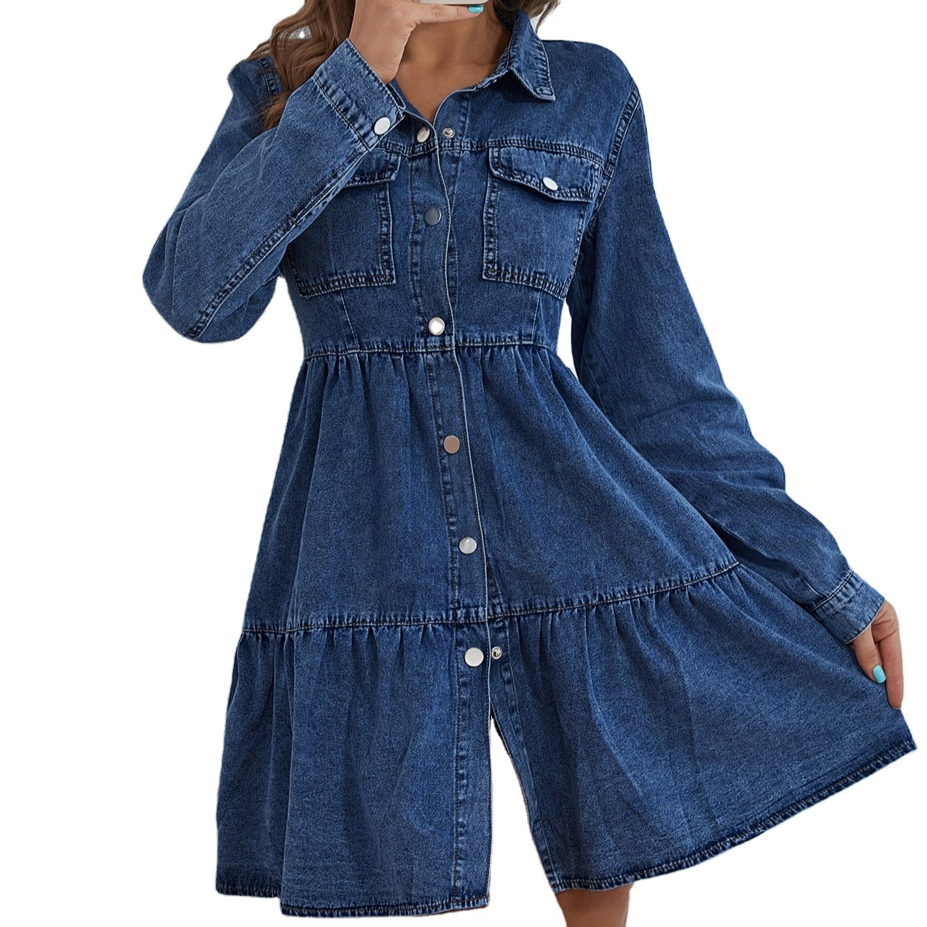 2022 Flap Pocket Button Up Denim Dress Custom Premium Casual Belted Long Dress