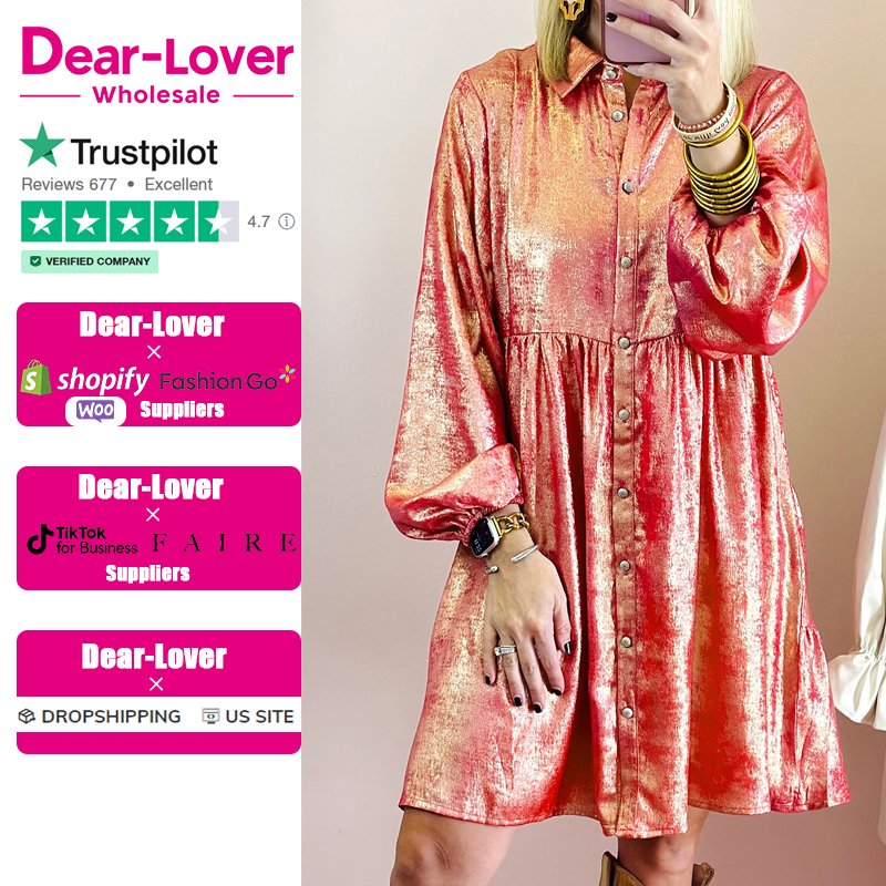 Dear-Lover Wholesale Peach Blossom Metallic Sheen Puff Sleeve Button Up Mini Shirt Dress