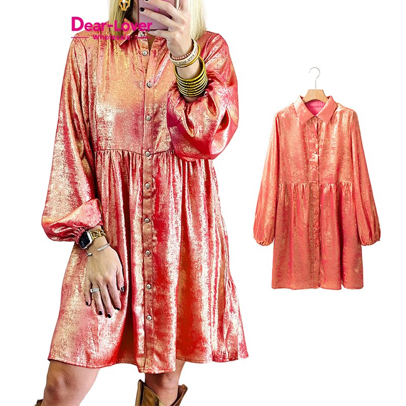 Dear-Lover Wholesale Peach Blossom Metallic Sheen Puff Sleeve Button Up Mini Shirt Dress