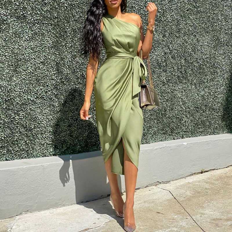 Fashion design one shoulder customized 100% Silk summer solid satin gathered soft casual dresses