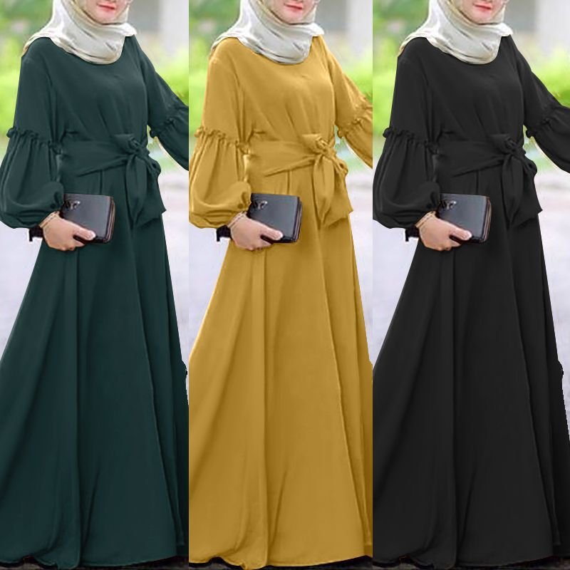 Wholesale S-2XL Plus Size Women's Muslim Dress Long Sleeve Robe Belt Modest Dress Ruffled Abaya Maxi Dress is Rankavtan