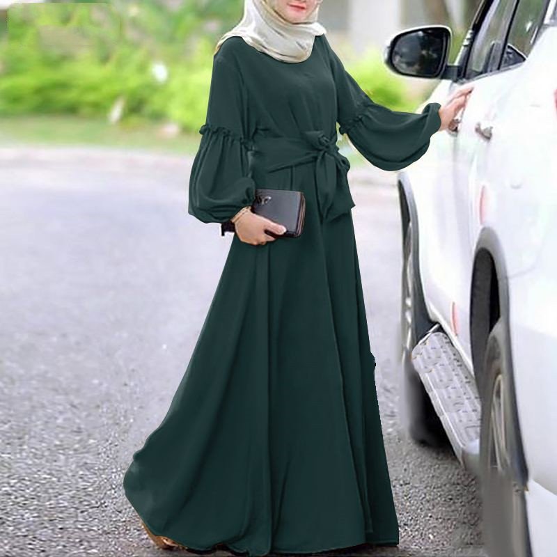 Wholesale S-2XL Plus Size Women's Muslim Dress Long Sleeve Robe Belt Modest Dress Ruffled Abaya Maxi Dress is Rankavtan